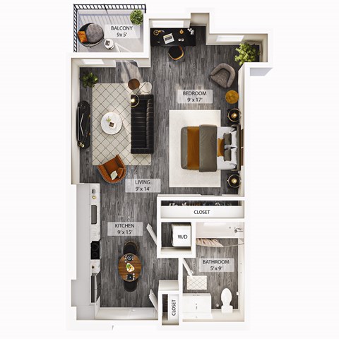 Floor plan for studio, 1 bath, 588 sqft